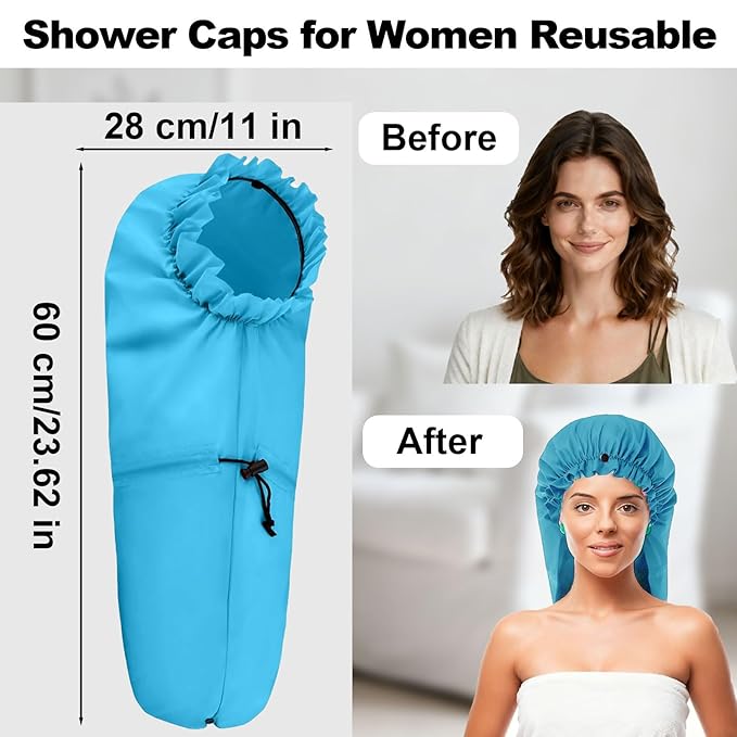 ELEBOX Extra Large Shower Cap for Braids/Curly Hair/Dreadlock | Reusable Waterproof Long Bonnets for Women Bath/Swim/Cooking/Cleaning/Spa | XL Bathing Cap with Adjustable Drawstring & Button, Blue
