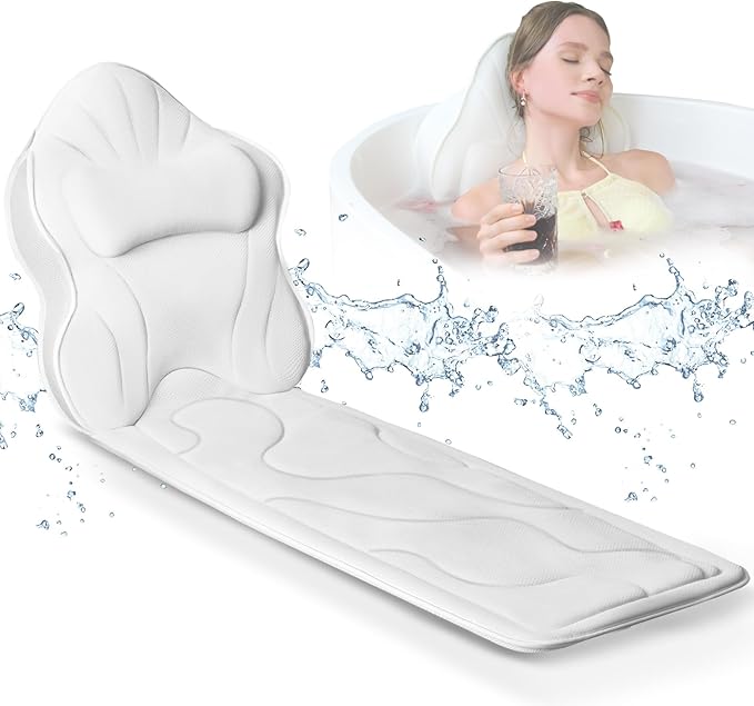 Poemland Luxury Thick Full Body Bath Pillows Mat & Cushion for Bathtub Headrest Neck Shoulder Support Comfort Relaxation Spa Accessories Perfect for a Spa Soak in Bathtub (White)