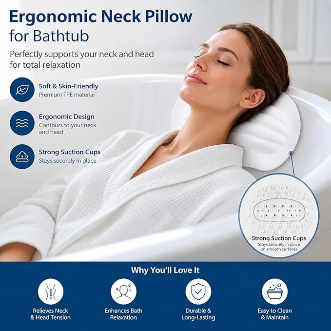 Small Bath Tub Neck Pillow, TPE Waterproof Suction Cups Bathtub Neck Pillow & Cushion, Ultra Thin, Lightweight Quick Drying Bath Accessories Spa Gifts for Women,White (13x9.6x1.6 Inch)
