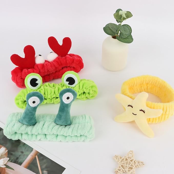 YISSION 4PCS Cute Animal Facial Headbands for Women & Girls, Plush Spa Headbands with Snail, Crab, Frog, Starfish Designs, Soft Hair Bands for Washing Face, Skincare & Makeup