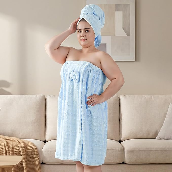 REDKISS Blue Plus Size Towel Wrap for Women, XL Adjustable Shower Wrap with Hair Towel, Super Absorbent Bath Towels Wrap for Body, Microfiber Plush Towel Wrap, Warmth Velcro Plus Size Wraps Towels
