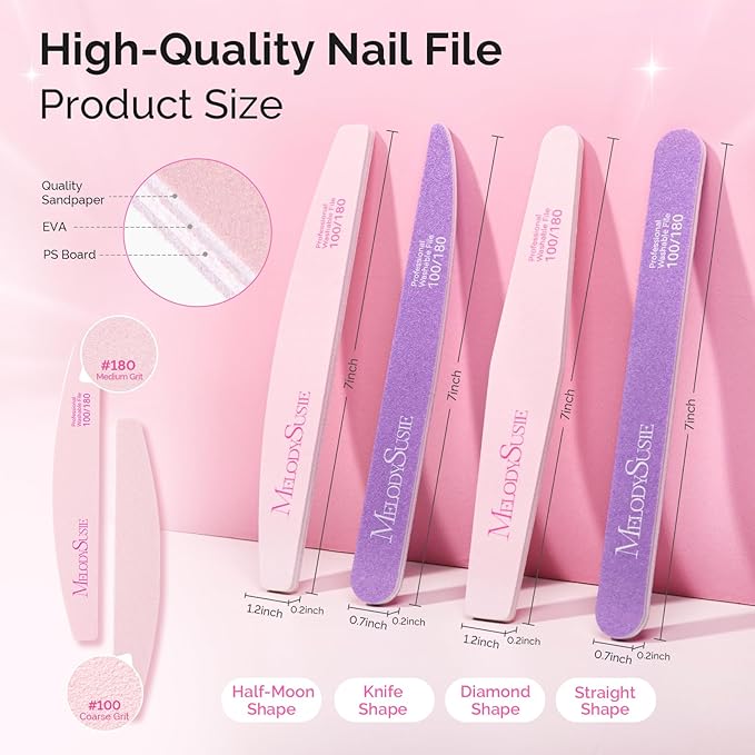 MelodySusie Nail File Kit, 4Pcs Double Sided 100/180 Grit Emery Boards for Nails, Professional Nail Art Manicure Pedicure Supplies for Home and Salon Use, Mothers Day Gifts, Pink & Purple