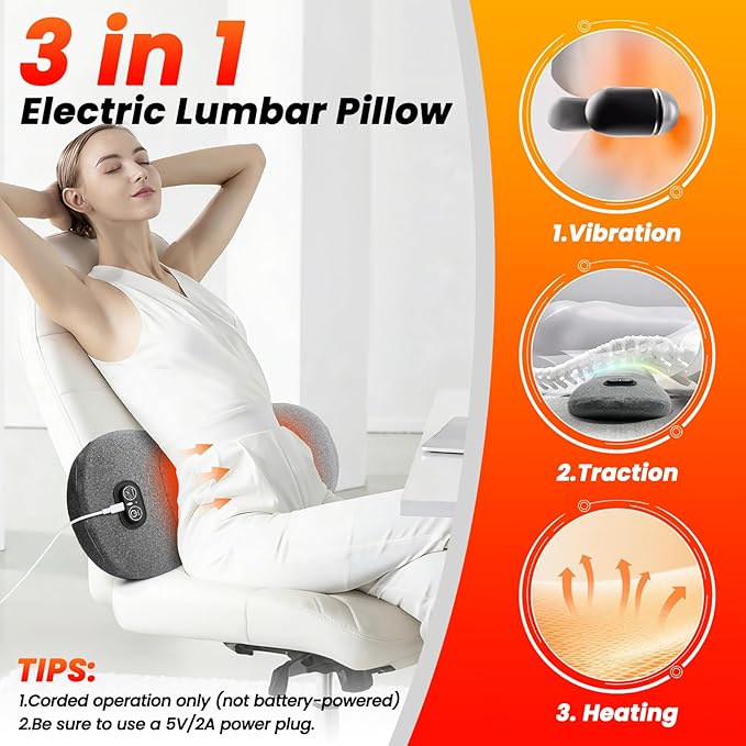 3-in-1 Electric Lumbar Support Pillow - FSA Eligible HSA Eligible, Triple Fusion Back Massager with Heat, Vibration and Tractionage, Lower Back Massager for Pain Relief Deep Tissue, Grey