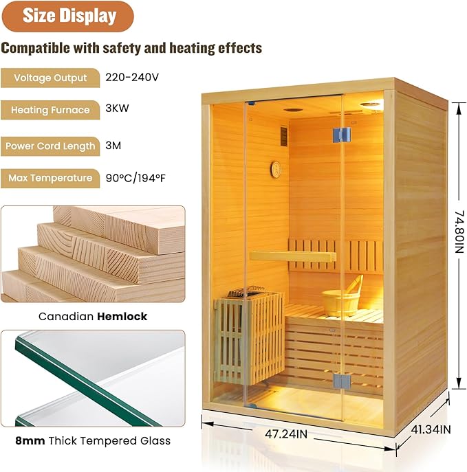 OUTEXER Traditional Steam Sauna Home Spa Room for 2-3 Person Steam Wet Indoor Saunas with 240V 3KW Heater,Sauna Stone, Water Bucket, Ladle, LED Lights