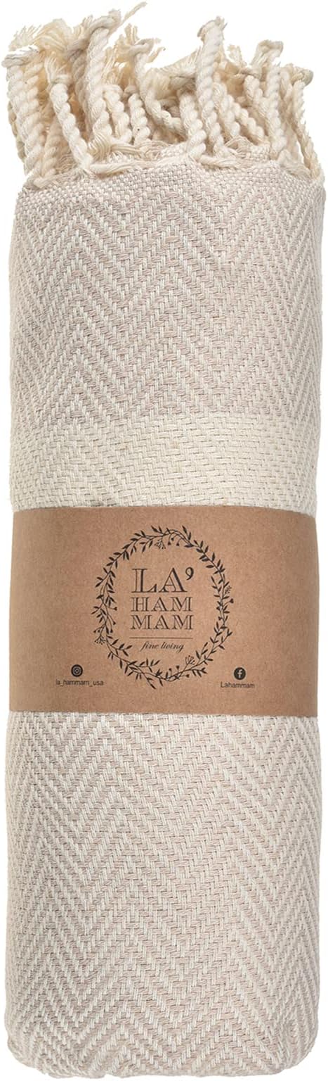 Personalized Embroidered Beach Towel | Throw Blanket, Easy Carry, Sand Free, Highly Absorbent, Quick Dry, Turkish Towels for Camping Bath Sauna Beach Gym Pool Yoga SPA by Lahammam, Herring, Beige