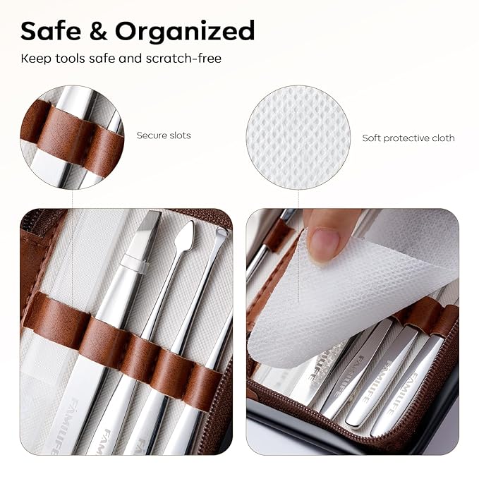 FAMILIFE Nail Care Kit 9-in-1 Professional - Carbon Steel Cuticle Scissors, Fingernail & Toenail Clippers for Nails, Manicure Set Travel Grooming Kit with Case (Brown)