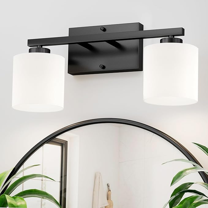 Honesorn Modern Vanity Lights - 2 Light Black Bathroom Light Fixtures with Frosted Shade, E26 Wall Mounted, Anti-Rust