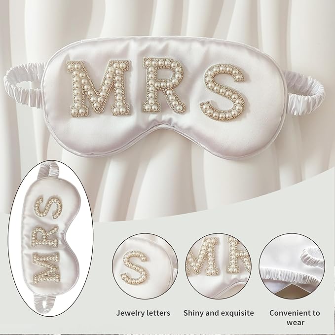 Bride Eye Mask, White Soft Fabric Diamond Bride Sleep Mask for Massages Eye, Pearl Bridal Shower Gifts to Adjust Night Sleep, Sleeping Maskes for Wedding (MRS)