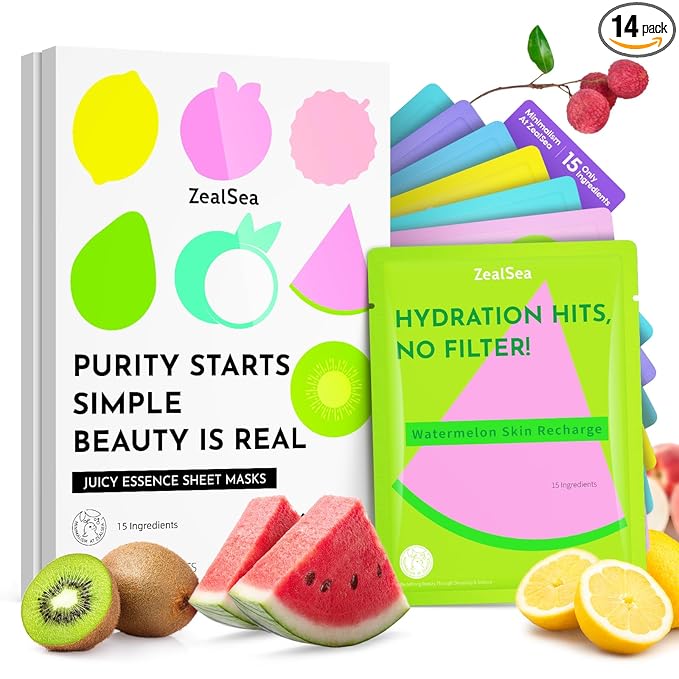 ZealSea Clean Beauty Face Masks Skincare, Minimalism 15 Ingredients Sheet Mask, Dopamine Color Design Facial Mask, Sleepover & Slumber Spa Party Supplies, Women Teen Girl Gifts Trendy Stuff, 14 Pack