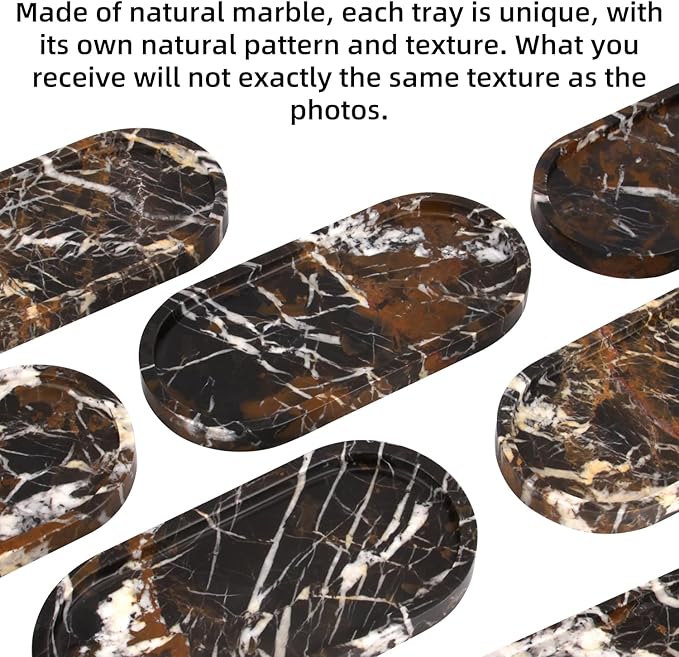 Natural Marble Tray Oval, Bathroom Vanity Tray for Countertop, Elegant Stone Decorative Organizer for Perfume, Jewelry, Home Decor (1, Black Gold, 10 x 5 x 0.6)