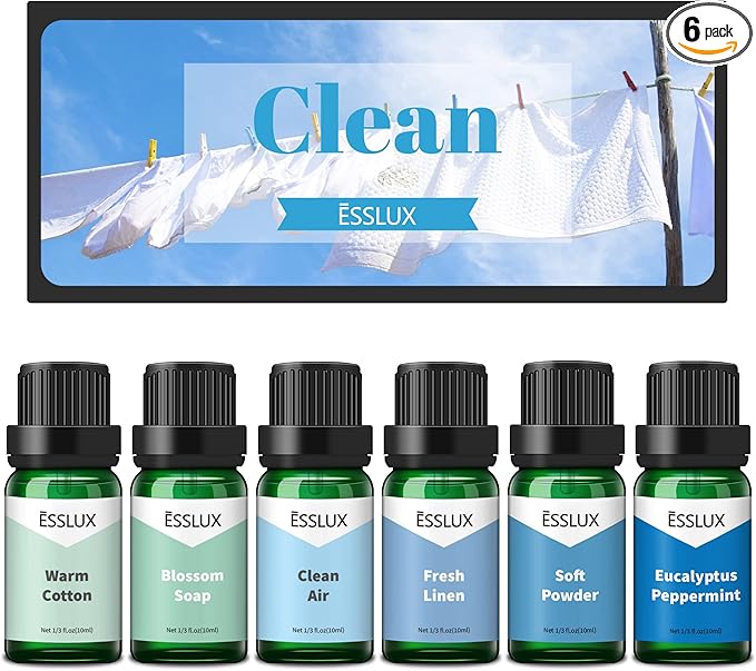 Fragrance Oil, ESSLUX Clean Set of Scented Oils, Essential Oils for Diffuser for Home, Premium Soap & Candle Making Scents, Aromatherapy Oils Gift Set - Clean Air, Fresh Linen, Warm Cotton and More