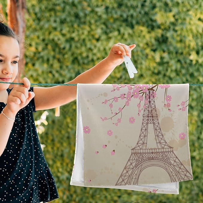 Pink Cherry Blossom Paris Hand Towels for Bathroom Set of 2,Vintage Eiffel Tower Romantic France Plum Floral Decorative Bathroom Towels for Bath,Soft Absorbent Dish Towels for Kitchen 28"x14"