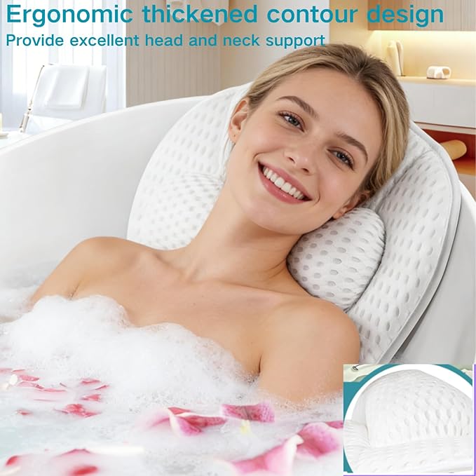 SQLHM Bath Pillows for Tub,Luxury Bath Pillow for Neck and Back Support-with Comfortable Breathable Cotton 6 Non-Slip Suction (Regular Version)