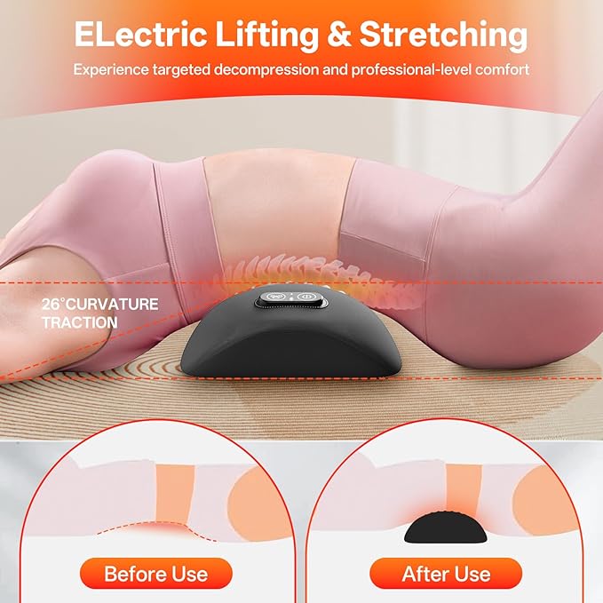 3-in-1 Electric Lumbar Support Pillow with Heat, Vibration and Traction, Triple Fusion Back Massager for Bed or Chair, Lumbar Support Cushion for Lower Back Comfort & Spine Support, Dark Gray