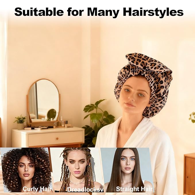 ELEBOX Extra Large Shower Cap for Braids/Curly Hair/Dreadlock | Reusable Waterproof Long Bonnets for Women Bath/Swim/Cooking/Cleaning/Spa | XL Bathing Cap with Adjustable Drawstring & Button, Leopard