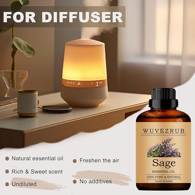 Sage Essential Oils, 240ML Pure and Natural Essential Oil for Aromatherapy Diffuser - Sage /8 Fl Oz