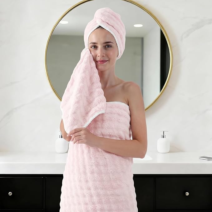 REDKISS Soft Bath Towel Sets 8-Piece, Microfiber Quick Dry & Absorbent, 35x70 in Large Bath Sheet 14x30 in Hand Towel, 12x12 in Washcloth, Pink Bathroom Towel Set