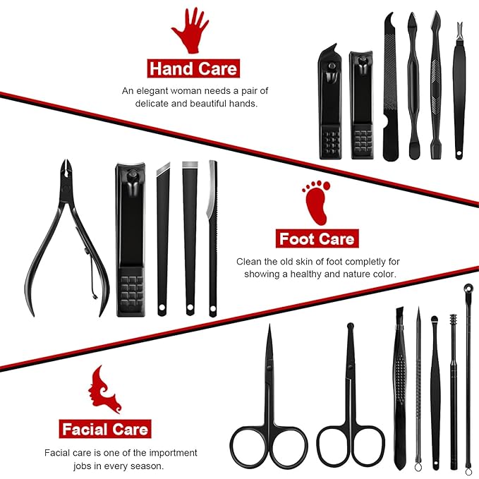 Manicure Set Professional Nail Clippers Kit Pedicure Care Tools- Stainless Steel Women Grooming Kit 18Pcs for Travel or Home (Red)
