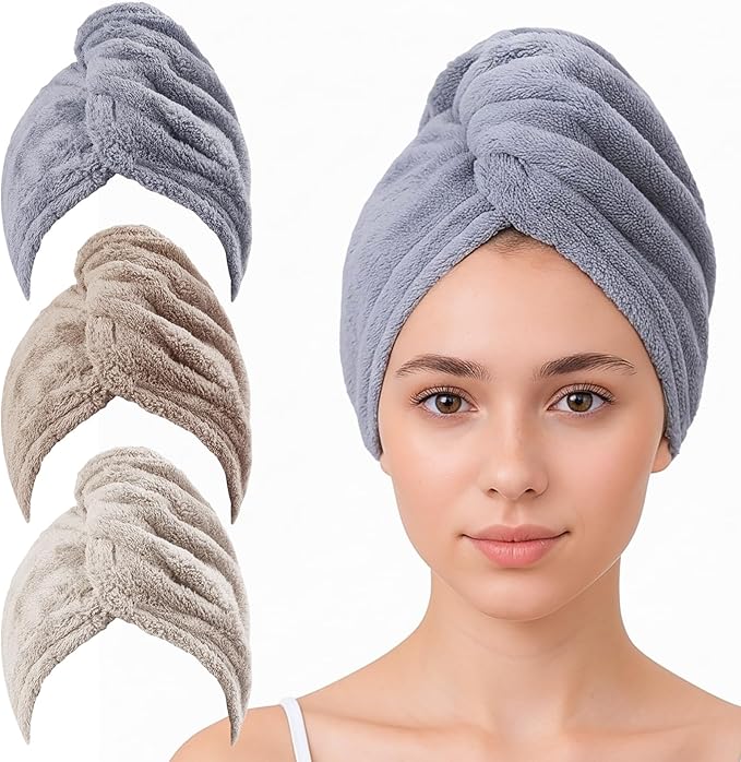 Hair Towel Wrap for Women - 3 Pack Plush Yarn Turbo Twist Hair Towels, Highly Absorbent Turban Towel for Wet Hair, Quick Drying Plopping Towels for Long Thick Curly Hair