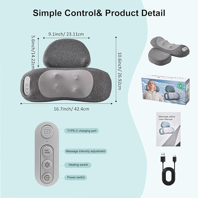 3-in-1 Neck Massager Pillow with Heat, 2-Speed Adjustable Deep Tissue Kneading Massage, Rechargeable Traction Massager for Home Office Travel