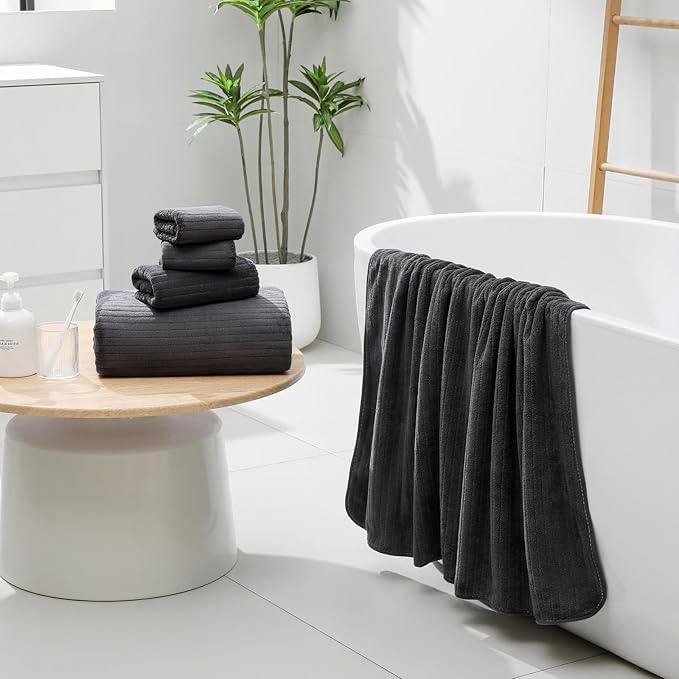 YTYC 39x78 Bath Sheet Extra Large Bath Towel for Adults Super Soft Absorbent Striped Microfiber Oversized Bathroom Towel - Charcoal Grey,1 PCS