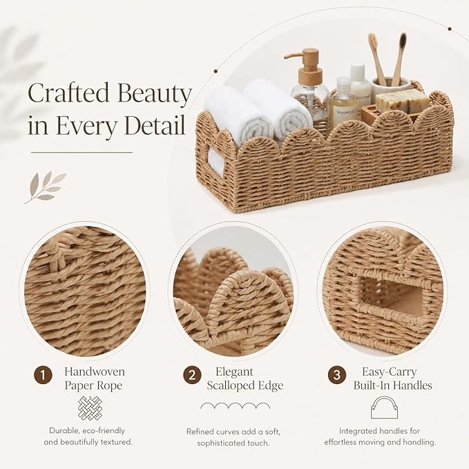 Scalloped Khaki Toilet Tank Basket for Back of Toilet, Wicker Bathroom Tray for Toilet Paper Storage, Bathroom Organizer for Tank Top, Countertop & Small Spaces