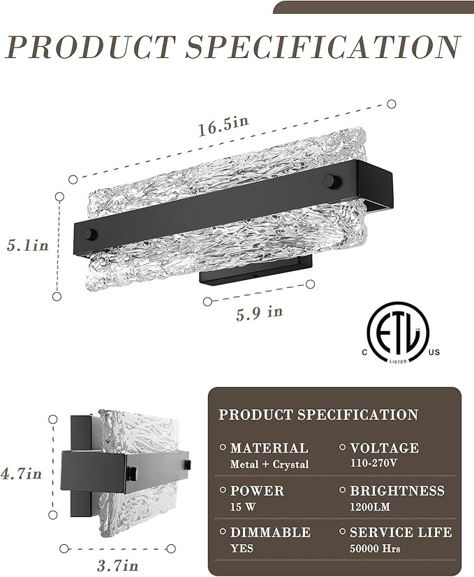 Modern Black Bathroom Vanity Light, 16.5 Inch 10W Dimmable LED Bathroom Light Fixture Over Mirror, Crystal Bar Wall Sconce Lighting for Bath, 3CCT, OS-MM5001-2BK