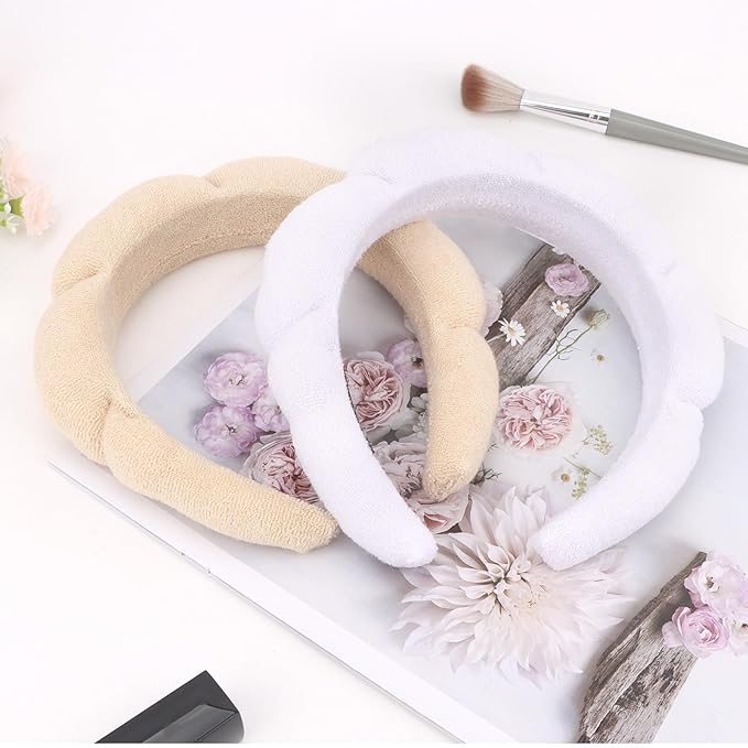 CAVETEE Spa Headband for Face Washing - Terry Cloth Puffy Makeup Headband Set of 2 (Beige & White, one size)