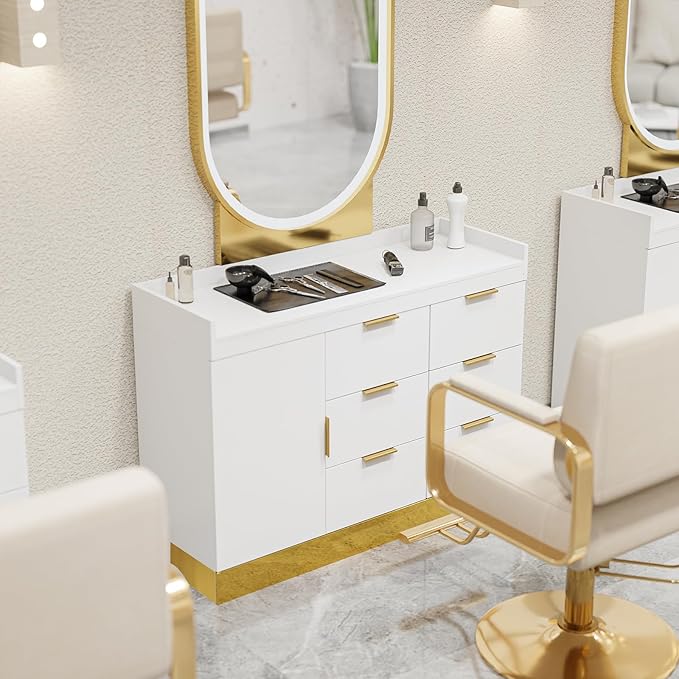 OmySalon Salon Station for Stylists, Free Standing Barber Vanity with 6 Drawers, 1 Cabinet & Adjustable Shelves, Large Storage Hair Beauty Furniture for Barbershop, White Gold