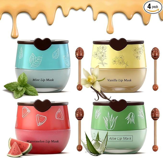 4PCS Bee Lip Balm Honey Pot, Fruit Moisturizing Propolis Lip Mask, Lip Mask Overnight Propolis Moisturizing Lip Balm Hydrating Prevention Dry and Crack Lip Scrubs Exfoliator Lip Care Products