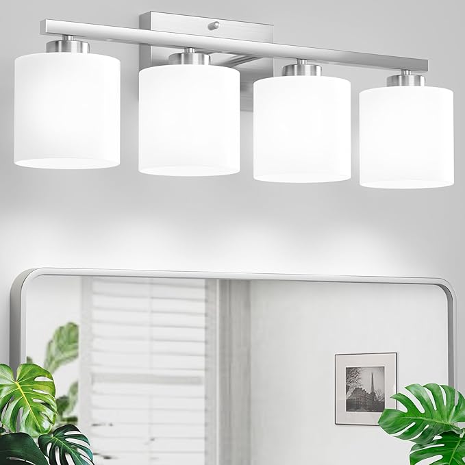 Honesorn 4-Light Bathroom Vanity Light Fixture, Brushed Nickel, Modern With Frosted Shade & Anti-Rust Finish, E26 Base Lighting