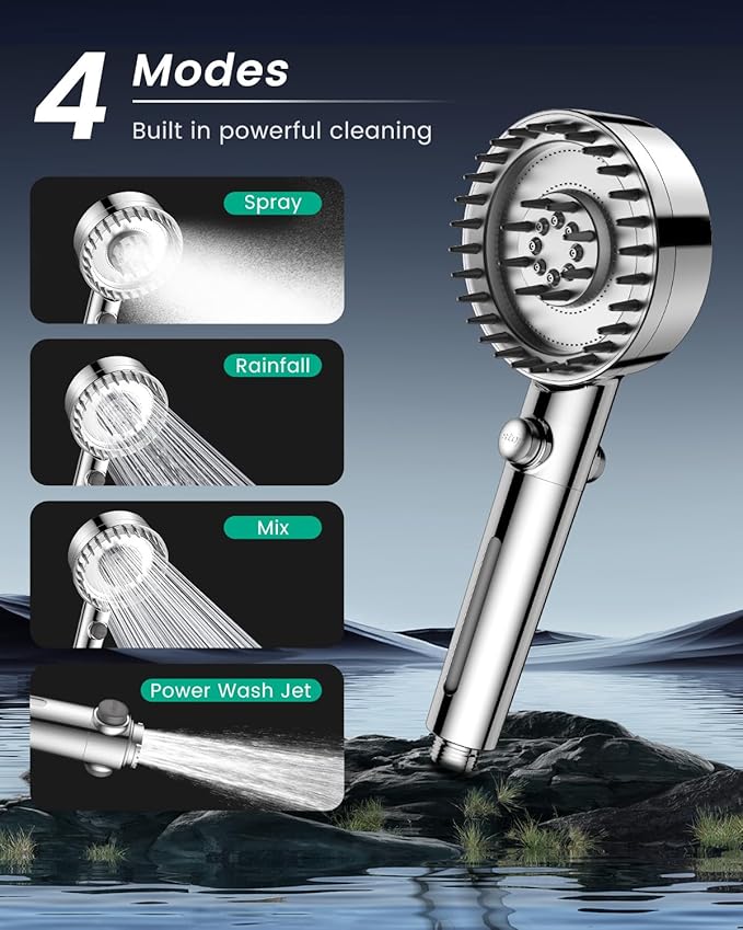 Ion Drops Filtered Shower Head with Handheld, High Pressure 4 Spray Mode Showerhead with Filters for Hard Water Softener, Handheld Shower Heads Filter with ON/OFF Switch for Pets (Chrome)