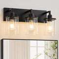 3-Light Bathroom Vanity Light Fixtures, Modern Matte Black Bathroom Lighting Fixtures Over Mirror with Square Clear Glass Shades, Bath Wall Sconce Lights for Dressing Table, Bedroom, Hallway