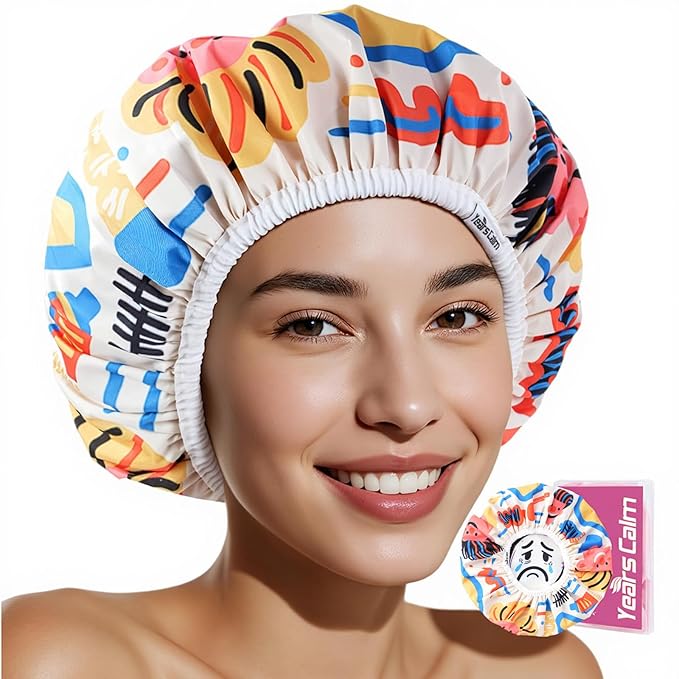 Years Calm Waterproof Shower Cap for Women - Double Sided Design for Long Thick Hair, Secure Fit & Flexible Elastic Band, Reusable Bath Cap for Shower, Spa, Travel (Mood Switch 4)