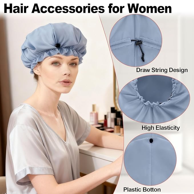 ELEBOX Extra Large Shower Cap for Braids/Curly Hair/Dreadlock | Reusable Waterproof Long Bonnets for Women Bath/Swim/Cooking/Cleaning/Spa | XL Bathing Cap with Adjustable Drawstring & Button, Grey