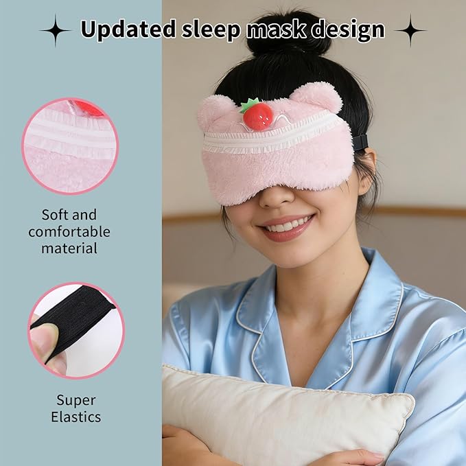PERFECTSIGHT Sleep Eye Masks, Cute Plush Sleep Eye Cover Lightweight Adjustable Eyeshade Faux Fur Mask Cover for Women Men Kids Sleep Travel Nap, Bear Cake