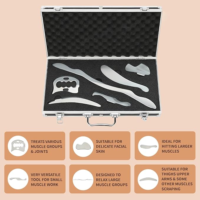 tonchean Gua Sha Scraping Massage Tool Set, 6-Piece Muscle Scraper IASTM Tool Set Stainless Steel Myofascial Release Tool Deep Tissue Massage Tool Set for Reduce Arms, Legs, Back, Shoulder Muscle Pain