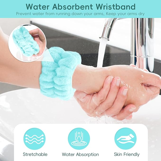 my novel things Face Wash Headband Set Adjustable Makeup Hair Headbands, Cute Spa Skincare Headband and Wristband Set 4PK, Ideal for Face Washing Coral Velvet for Girl Women Gift