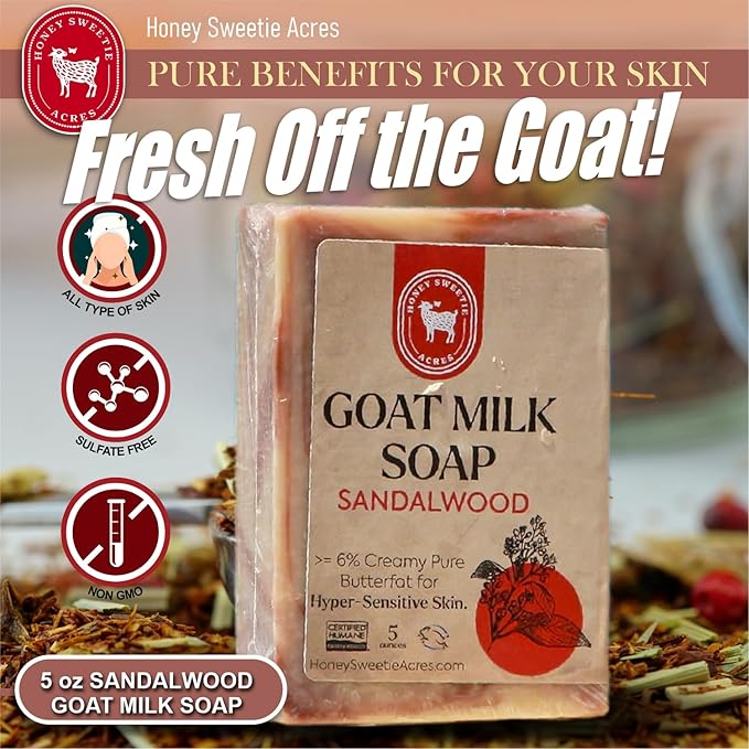 Honey Sweetie Acres Sandalwood Goat Milk Soap - Handmade 5 oz Bar, Made with Natural Ingredients, Moisturizing & Gentle, Made in the USA