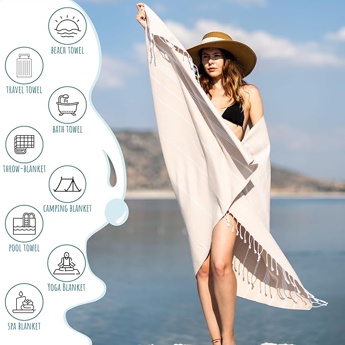 Ray Silver Turkish Beach Towel – 100% Cotton 40x71 Quick Dry Oversized Sand Free Lightweight Blanket for Travel Camping Bath Sauna Pool Gym Yoga (1pc - S-Nude)