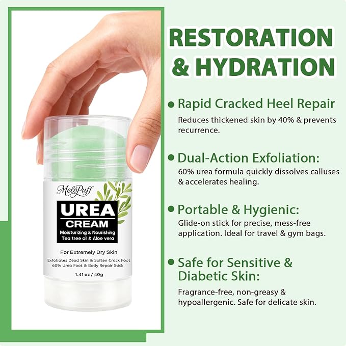 60% Urea Cream Stick with 2% Salicylic Acid, Tea Tree & Aloe Vera - Maximum Strength Foot Cream for Dry Cracked Heels, Callus Remover, Dead Skin Exfoliator for Hands, Knees, Elbows - 1.41oz
