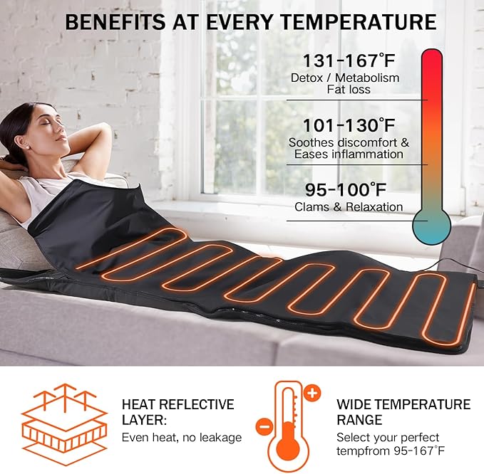 Infrared Sauna Blanket, Durable PU Leather Cover Detox & Relaxation at Home Adjustable Timer, Size 6 ft x 2.6 ft