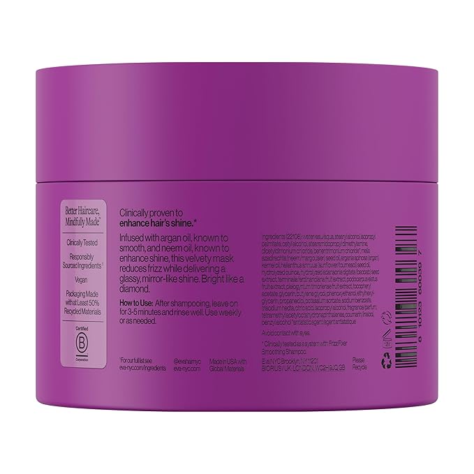 Eva NYC Anti-Frizz Hair Mask for Instant Shine - Argan Oil + Neem Oil - For High Gloss + Glassy Mirror-Like Shine - Nourishing Anti-Frizz Hair Product - Warm Vanilla Scent - 8.4 fl oz