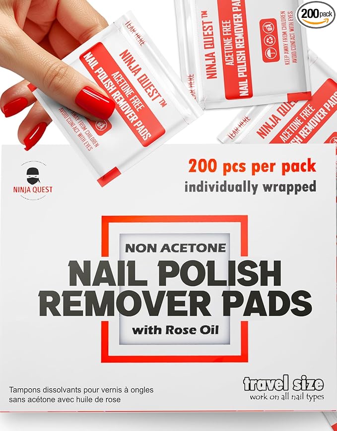 Nail Polish Remover Pads 100% Non Acetone - 200 Pack of Individually Wrapped Bulk Set Gel Nail Polish Remover Wipes - Fingernail Travel Kit to Clear Nail Polish for Home & Professional Removal