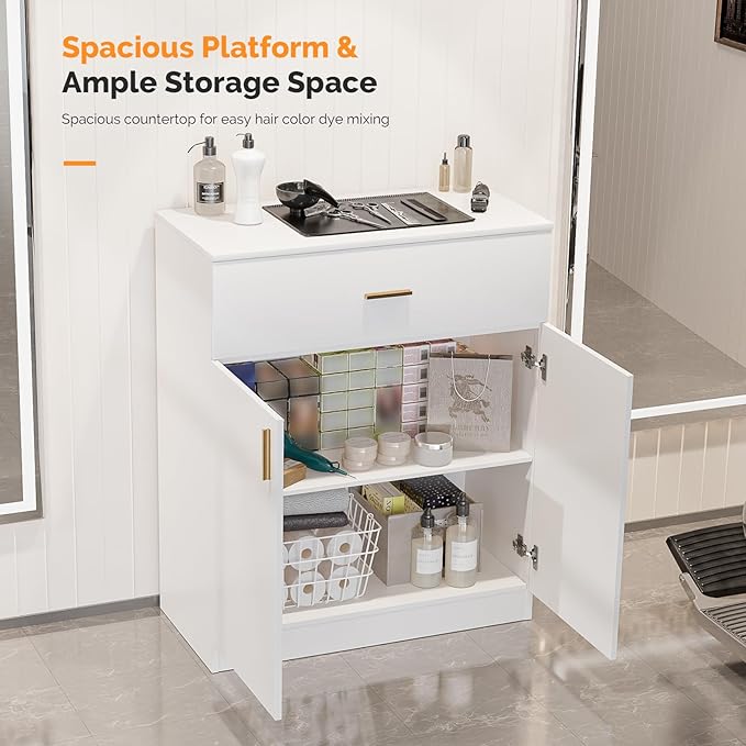 Salon Staion Hair Color Bar Organizers, Hair Color Rack, Barber Station Cabinet with Drawers & Adjustable Shelves, Wall Mounted Tube Storage Station for Salon Display, White