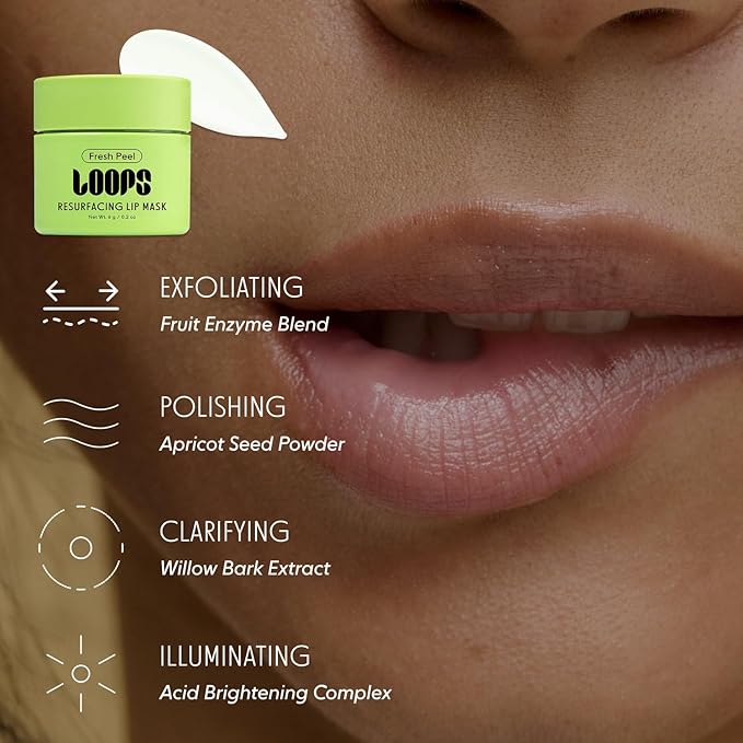 LOOPS Fresh Peel Resurfacing Korean Mini Lip Mask - Gently Exfoliates with Fruit Enzymes & Apricot Seed, Smooths Texture, Locks in Hydration for Softer, Refined Lips - Helps Clarify and Polish Lips