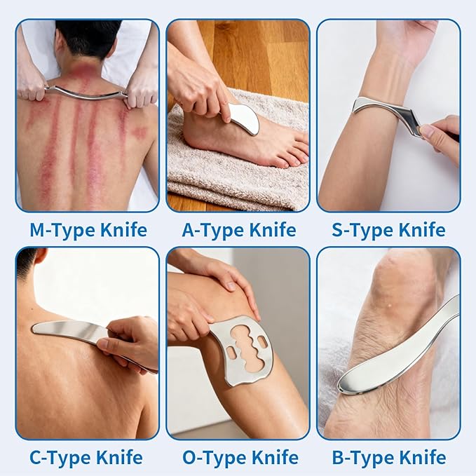6-Piece Gua Sha Muscle Stainless Steel Scraper Massage Tool Set for Arms/Back/Shoulder Portable Physical Therapy IASTM Tools for Soft Tissue Mobilization with Carrying Case