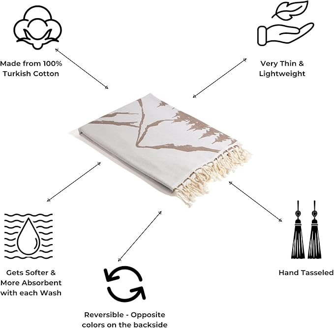 InfuseZen Turkish Towel with Mountain Landscape – 100% Organic Turkish Cotton - Sand Free Quick Dry Beach Peshtemal – Thin Reversible Absorbent Pool Hammam – Plus Size Gym, Travel Fouta (Brown)