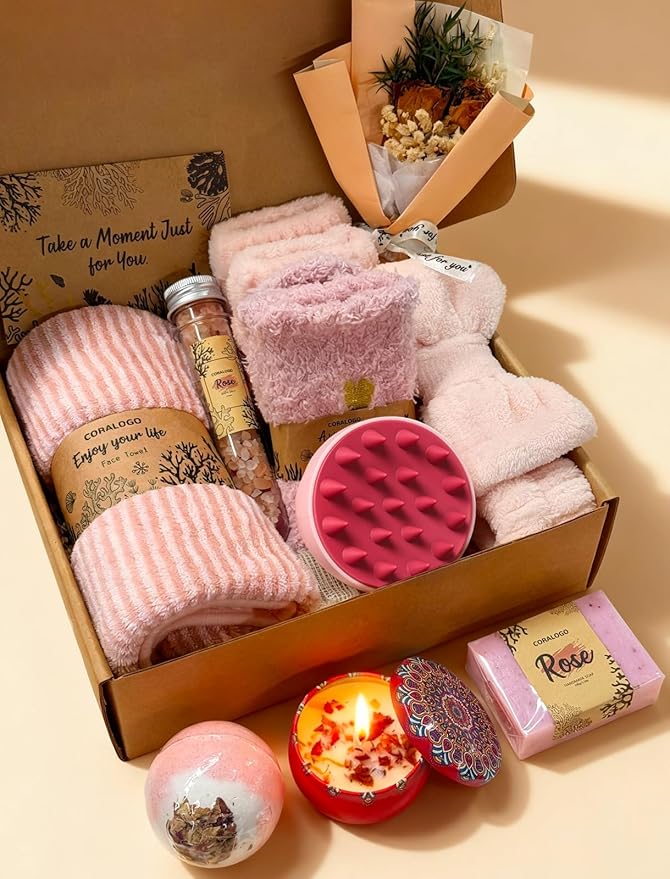 Coralogo Rose Spa Gift Baskets - Mothers Day Gifts Natural Pampering Spa Set, Self-Care Get Well Soon Basket, Thank You Gifts, Unique 11pcs Gift Set for Women Wife Mom Her Birthday
