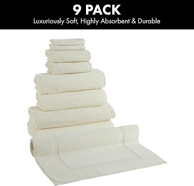 Classic Turkish Towels CTT - 9 Piece Premium Towel Set, 100% Turkish Cotton, Highly Absorbent & Comfy, Includes 2 Bath Towels, 2 Hand Towels, 2 Washcloths, 2 Bath Sheets & 1 Bath Mat | (Ivory)